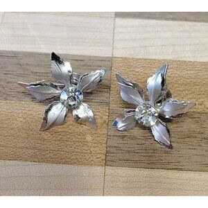 Bugbee & Niles B.N. Silver Tone & Rhinestone Floral Screw Back Earrings